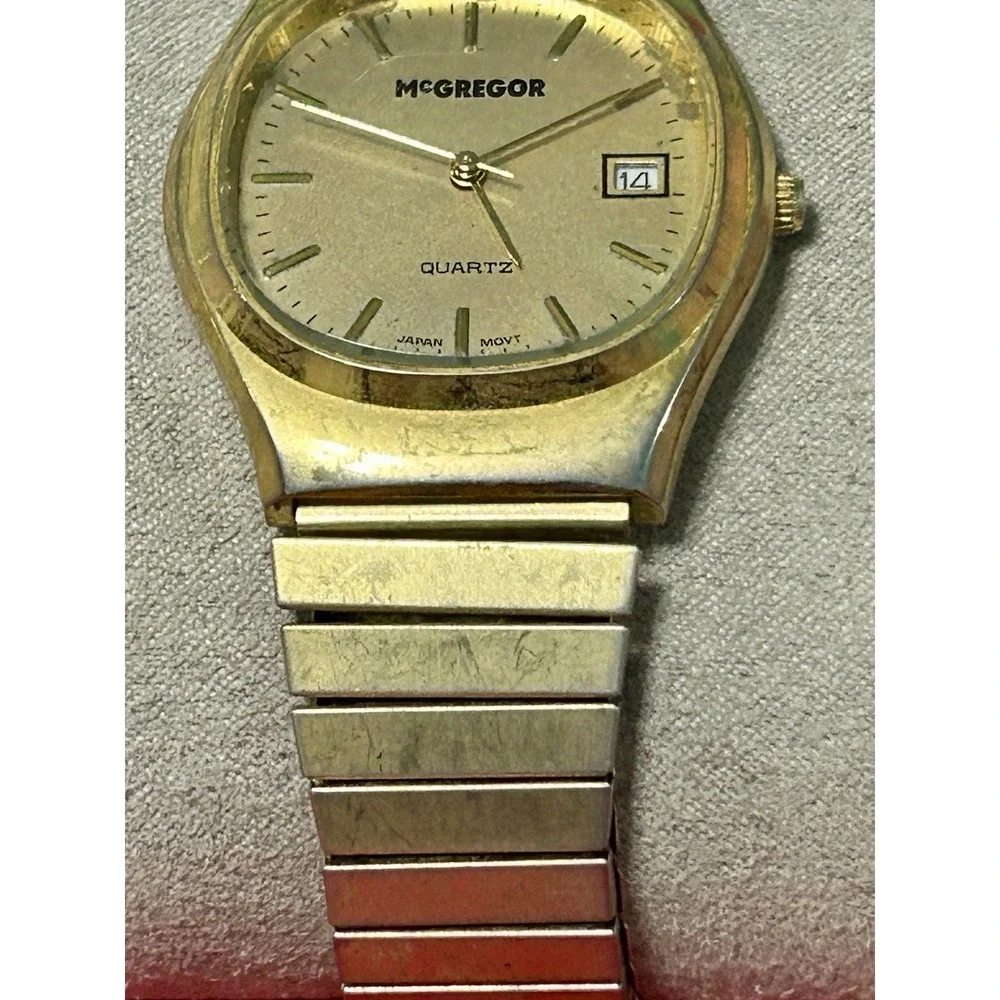 Vintage McGregor Japan Quartz Watch Men Gold Tone Date Stretchable New Battery